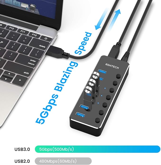 USB 3.0 Hub RSHTECH 7 Port Powered USB Hub Expander Aluminum USB 3.0 Data Port hub with Universal 5V AC Adapter and Individual On/Off Switches USB Splitter for Laptop and PC(Black)