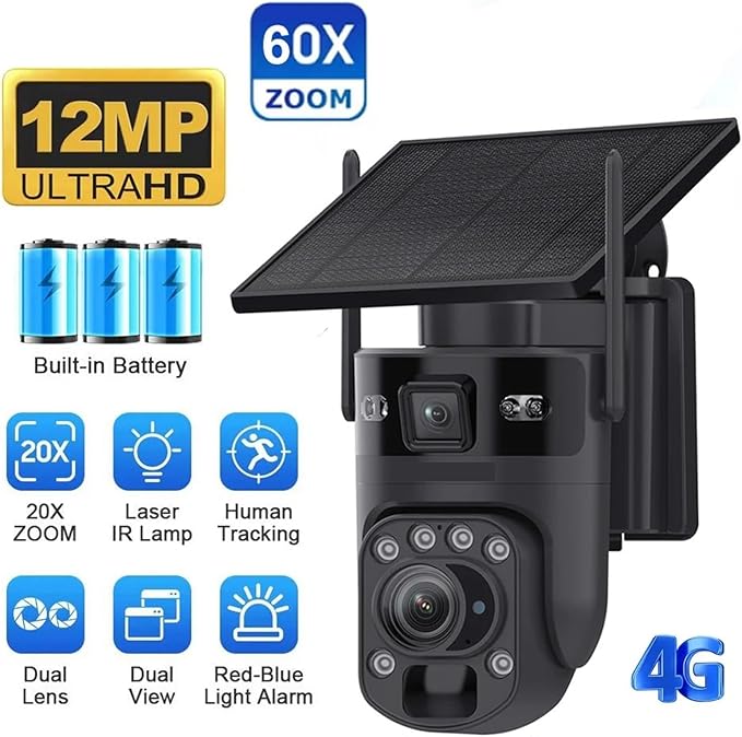 4K 60X Optical Zoom 4G Solar Camera Dual Screen Outdoor WiFi PTZ PIR Detection Human Auto Tracking CCTV Cameras(Black 60X 4G 32GB)