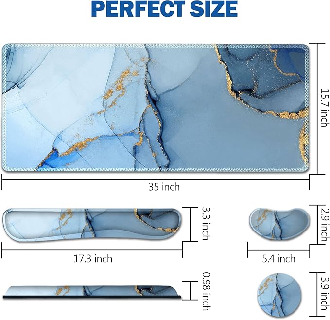 AIMSA Large Gaming Mouse Pad Set Keyboard Wrist Rest Support Mouse Pad Ergonomic Memory Foam Multifunctional Extended Desk Mat 35x15.7in Anti-Slip Rubber Base for Office Home Blue Marble