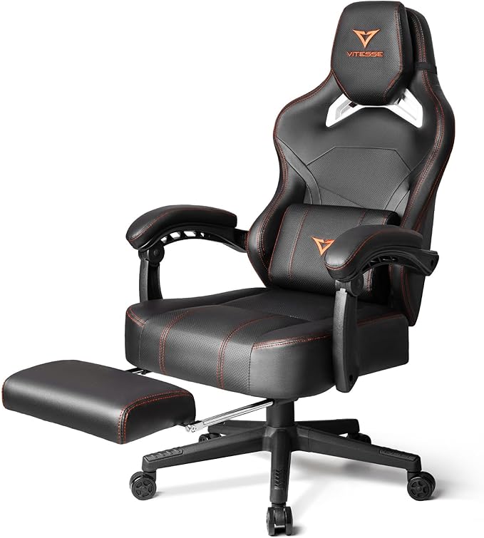 VITESSE Big and Tall Gaming Chair with FootrestErgonomic Video Gaming Chair with Oversized Headrest and Lumbar Support for Adults 400lb Weight CapacityComputer Chair for Office or Gaming (Orange)