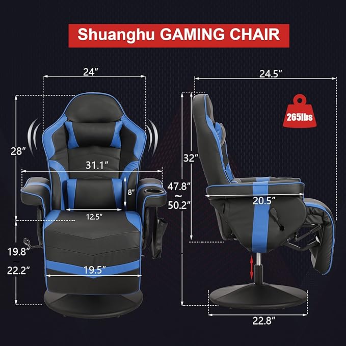 Gaming Chair Reclining Gaming Chair with Footrest PU Leather Game Chair Recliner with Massage Swivel Recliner Gaming Chairs for Adults with Cup Holder Lumbar Support Side Pouch (Blue)