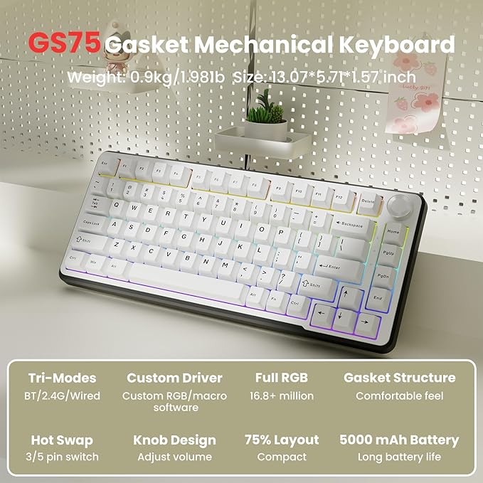 EWEADN GS75 Wireless Mechanical Keyboard ASMR 75% Gaming Keyboard Gasket Hot Swappable Custom Keyboards with RGB Knob PBT Keycaps BT5.0/2.4G/USB-C Creamy Keyboards White