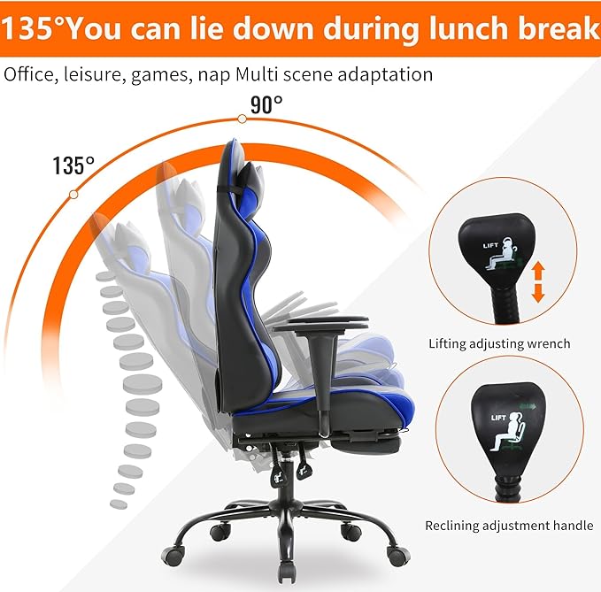Office Gaming Chair Pu Leather Comfortable Gaming Chair for Adults Gamin Chair with Headrest &amp Lumbar Support Office Chair with Foot Rest &amp Armrest Height Adjustable Computer Chair(Blue)