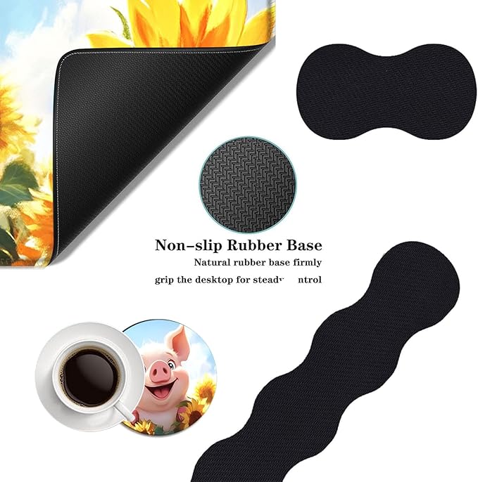 Mouse PadLarge Desk Mat Set 4in1 XL Mousepad + Keyboard Wrist Rest+Mouse Wrist Rest+Coaster with Ergonomic Desk Pad for Home Office Table Computer Cover -Pig in Sunflower Field