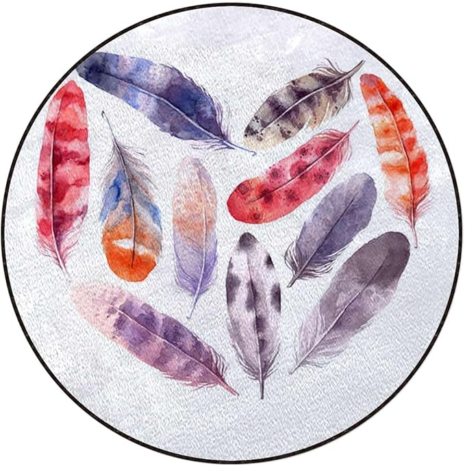Multicolor Round Area Rug Washable Indoor Throw Rugs for Living Room Bedroom Dreamy Watercolor Elements Plumage Design Diameter 35.4 in