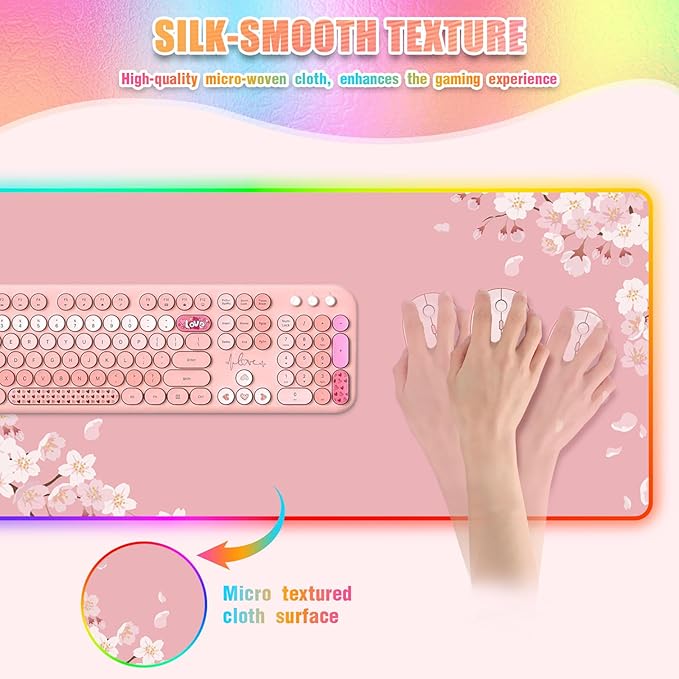 Japanese Sakura RGB Mouse Pad for Gaming I Large Mousepad with 14 Led Modes I Keyboard Pad Gaming Desk Mat I Non-Slip Rubber Base Mouse Mat I 900x400x4mm Waterproof Mousepad I Pink Cherry Blossom