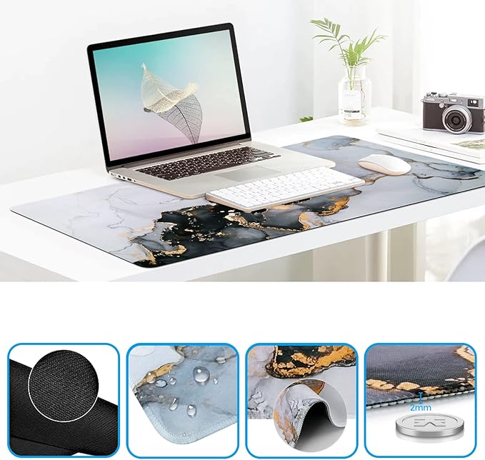 iCasso Desk Mat Gaming Mouse Pad Wrist Support Set4in1 XXL Large Mousepad + Keyboard Wrist Rest+Mouse Wrist Rest+Coaster Set with Ergonomic Design for Home Office Table Computer-Grey Ink Marble