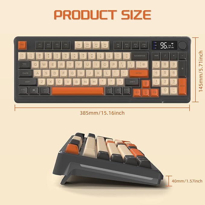 ZIYOU LANG M96 Wireless Gaming Silent Membrane KeyboardDisplay Screen &amp Knob with Multimedia Keys Dual Mode Bluetooth/2.4GhzRainbow Backlight 94Keys Ball Shape PBT Keycap ANSI Layout for Win/Mac