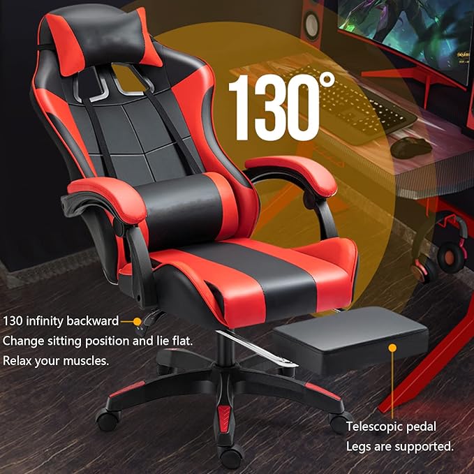 Gaming Chair with Footrest Gamer Chair with Lumbar Support and Headrest Height Adjustable Office Chair with 360°-Swivel Seat red