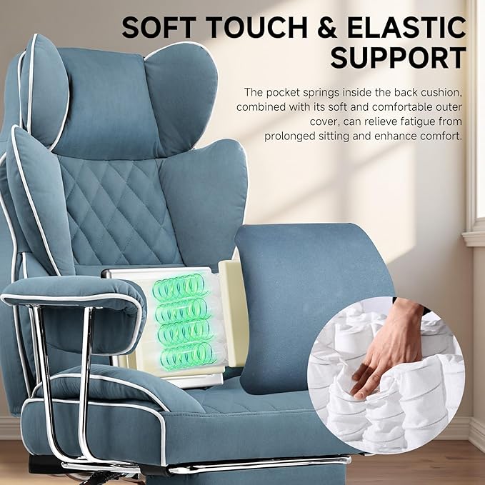 COMHOMA Big and Tall Gaming Chair with Pocket Spring Lumbar Support Ergonomic Office Chair with Footrest Executive Desk Chair with Outward Fixed Soft Armrests Computer Chair with High Back Blue