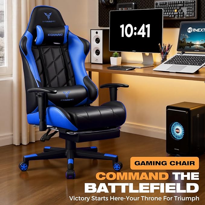 Gaming Chair with Footrest Ergonomic High-Back PU Leather Computer Chair with 3D Adjustable Armrests Headrest and Lumbar Support Office Desk Chair with Diamond Stitching for Adults &amp Teen