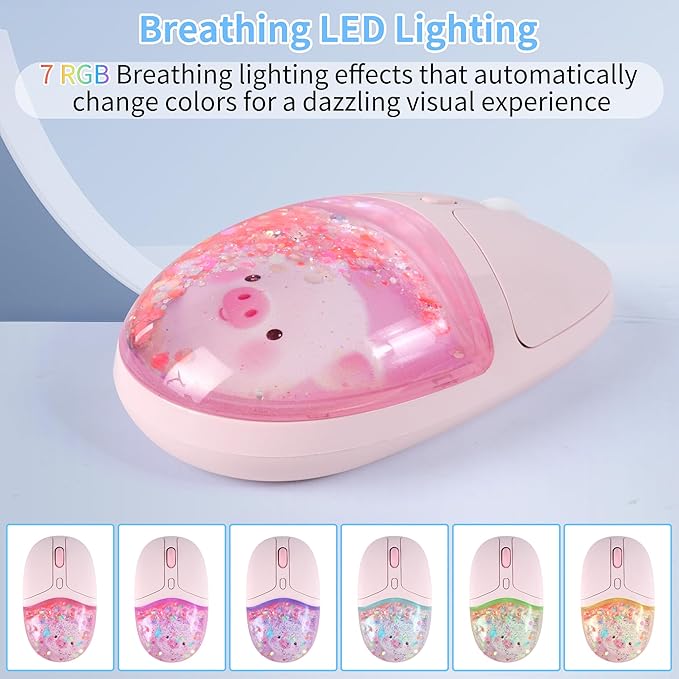 Wireless Mouse with Liquid Quicksand Sequins 2.4GHz &amp Bluetooth Dual Mode Rechargeable Silent Cute Aqua Mouse with LED Light Portable Water Mice for Laptop PC Tablet MacBook Kids Adults Gift (Pink