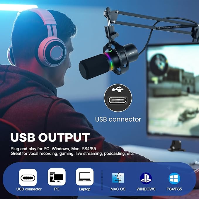 XLR USB Dynamic Microphone with RGB Light Volume Control Mute Button 3.5mm Headphone Jack. Compatible with Mixers Sound Cards PC MAC PS4 PS5 (Microphone with Boom Arm)