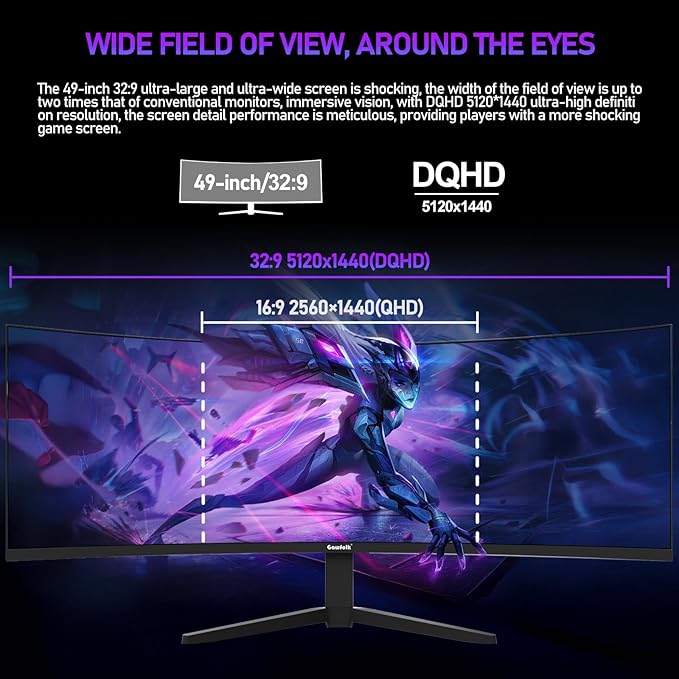Gawfolk 49 Inch Curved Gaming Monitor 120hz1500R PC Monitor Built-in Speakers DQHD 5120x1440 Computer Screen for Home Office Business DP HDMI Support Wall Mount 75x75mm