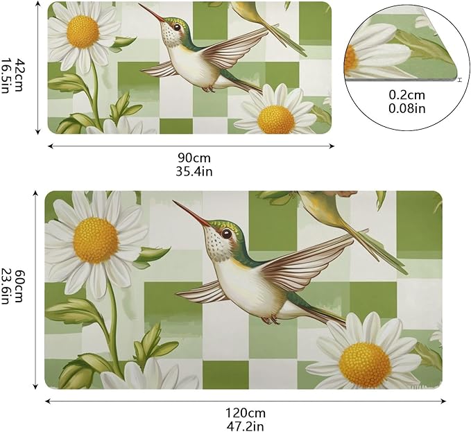 Mouse Pad Desk Mat Leather Desk Pad Large Gaming Desk Cover Protector Mat for Keyboard Computer Laptop Office Waterproof 47.2 x 23.6 Inch Checkered Green and White Hummingbirds Daisy