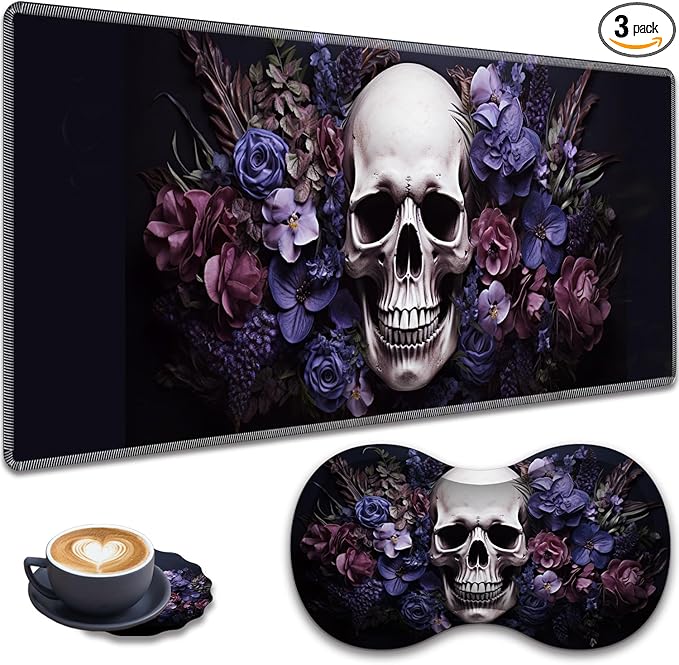 Large Gaming Mouse Pad + Wrist Rest + Lace Coaster Non-Slip Set with Sewn Edges and Waterproof Expandable Desktop Pad Suitable for Office/Home Skull Purple Flower