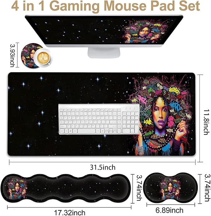 Ergonomic Keyboard Wrist Rest + Large Mouse Pad + Mouse Wrist Support Set Memory Foam Mouse Wrist Non-Slip Rubber Base Extended Gaming Mousepads XXL Funy African Women Portrait Desk Mat Decoration