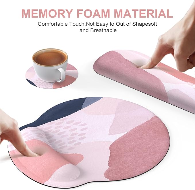 iCasso Desk Mat Gaming Mouse Pad Wrist Support Set XXL Large Mousepad + Keyboard Wrist Rest+Mouse Wrist Rest+Coastert with Ergonomic Design for Home Office Computer (C-Four-Pink-Block)
