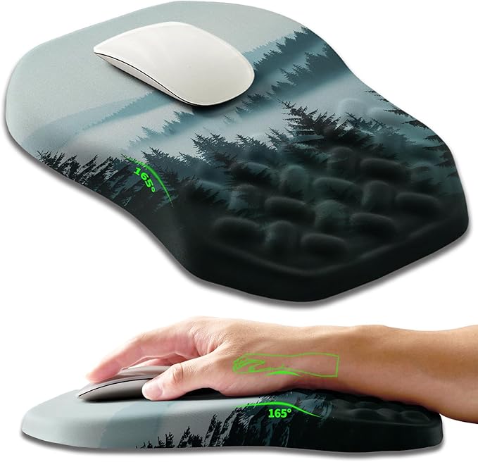 Ergonomic Slope Mouse Pad Wrist Support Wrist Rest Mousepad for Carpal Tunnel Pain Relief with Massage Bulge and Slow Rebound Memory Foam (12x8 inch Foggy Forest)