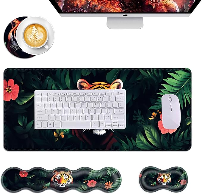 Mouse PadLarge Desk Mat Set 4in1 XL Mousepad + Keyboard Wrist Rest+Mouse Wrist Rest+Coaster with Ergonomic Desk Pad for Home Office Table Computer Cover -Tiger with Jungle Flowers