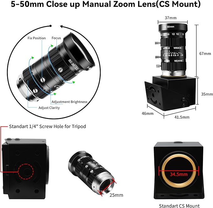 48MP USB Webcam 8K Ultra HD Color Camera with 5-50mm 10X Manual Optical Lens 6000P Industrial Security Video Camera Close-Up Zoom Function Plug-and-Play for Windows Linux Mac OS