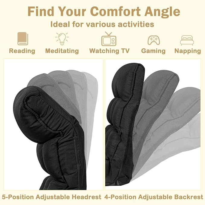 KOMFOTT Folding Floor Chair for Adults Floor Gaming Chair with 5-Position Adjustable Headrest &amp 4-Position Adjustable Backrest Side Pocket Floor Seating Lazy Sofa for Reading Meditating Black