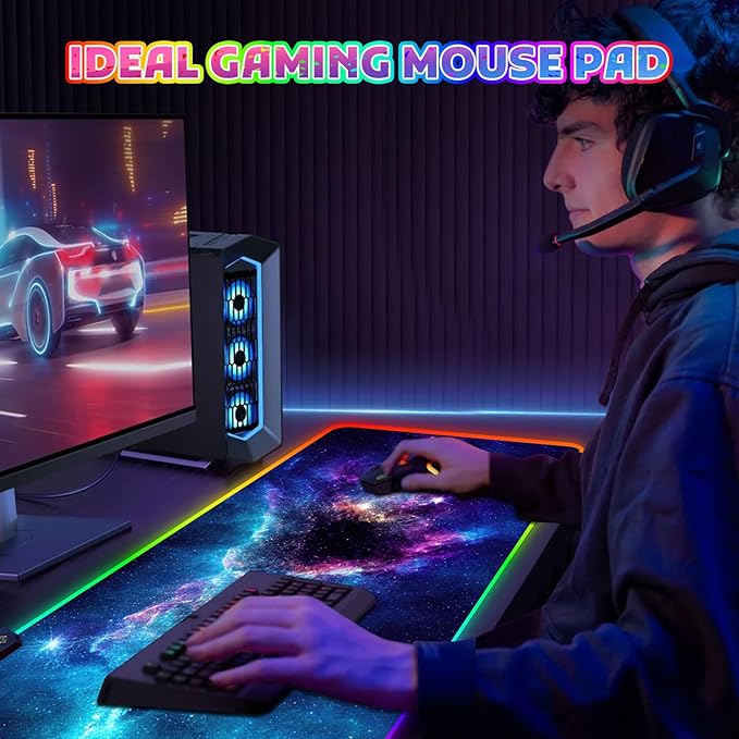 ToLuLu RGB Mouse Pad Gaming Large LED Mouse Pad with 14 Lights Modes 35.4 x 15.7 inches XXL Desk Mat for Keyboard and Mouse Extended Desk Pad Mat PC Gaming Mousepad Accessories（Blue Purple Galaxy