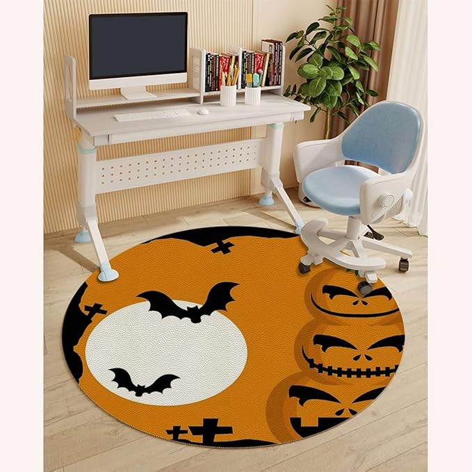 Orange Black PU Leather Office Chair Mat Soft Non Slip Round Floor Mat Spooky Carved Halloween Hardwood Floor and Protector for Rolling Chair Halloween Diameter 39.4 in