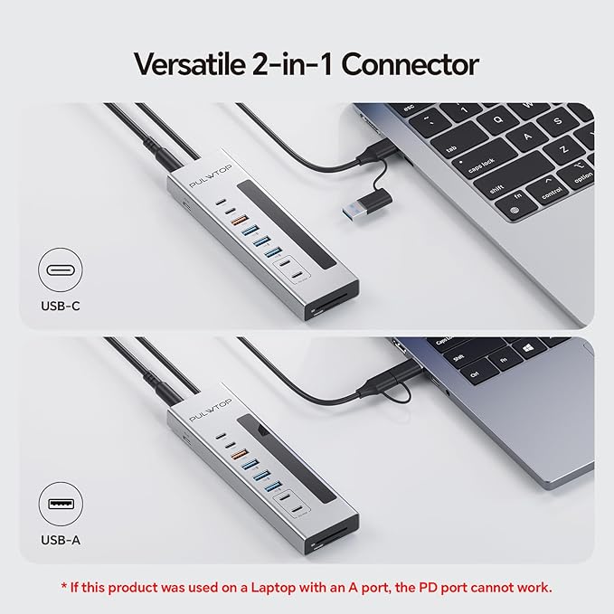Powered USB C Hub PULWTOP 11-in-1 USB Hub with SD/TF 2*USB-C 10Gbps 4*USB-A 5/10Gbps and 2 * 24/45W Type-C PD Charging Ports (Not Support Video) USB Powered Hub (72W DC Adapter Included)