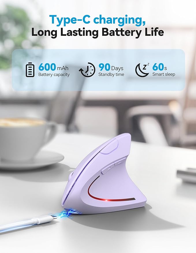 TECKNET Ergonomic Mouse Rechargeable 2.4G+Bluetooth Vertical Mice 6 DPI Adjustable Wireless Optical Carpal Tunnel Mouse Right Hand Multi Device for Laptop PC Computer MacBook - Light Purple