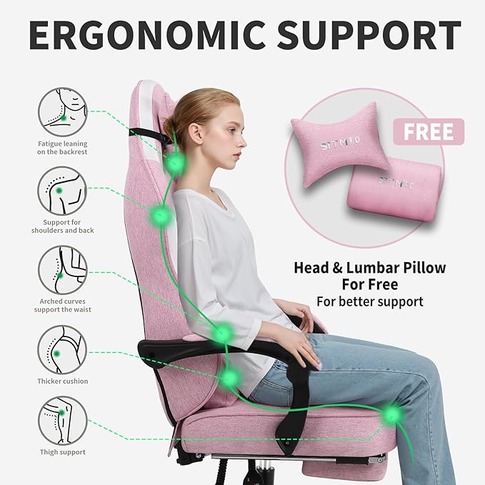Gaming Chair Fabric with Pocket Spring CushionErgonomic Computer Office Chair Cloth with Footrest and HeadrestHigh Back Game Chair with Lumbar SupportAdjustable Backrest for AdultsPink