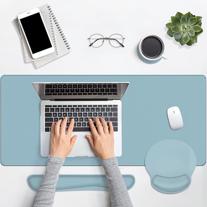 Britimes Blue Keyboard Mouse Pad Set Blue 4 in1 Large Mousepad+Keyboard Wrist Rest+Mouse Wrist Rest+Coaster Ergonomic Design for Home Office Computer 35.4x15.7Inches