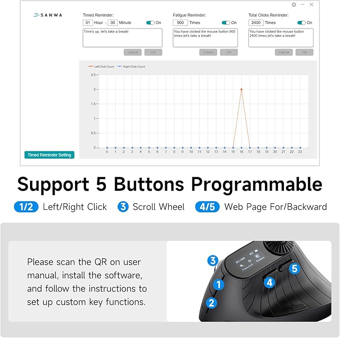 SANWA Ergonomic Vertical Mouse with LED Screen Knob Control 5 Programmable Buttons 57° Angle 4-Device Connect(2.4G /Bluetooth/Wired) 800-2400 DPI Rechargeable Mice for Windows Mac Laptop PC