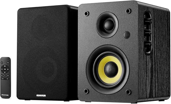 Sanyun SW206 4” HiFi Bookshelf Speakers with Studio Mode 80W Active Bluetooth 5.4/Optical/Coaxial/TRS/Aux/24bit DAC USB for Turntable TV PC Desktop MDF Cabinet Remote Control Black