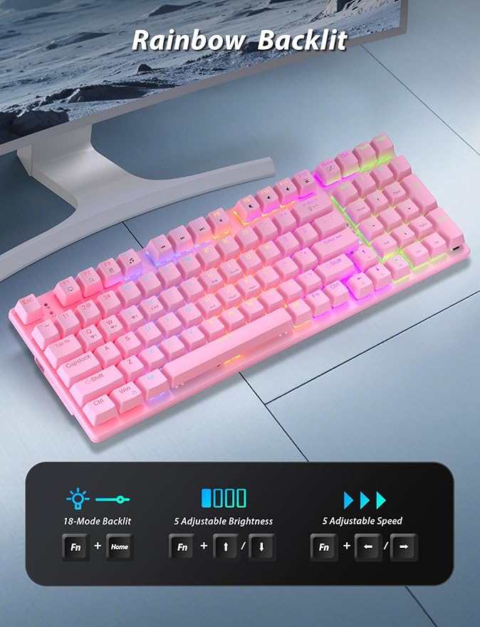 Wireless Mechanical Gaming Keyboard and Mouse Combo 98 Keys RGB Backlit Rechargeable 2000mAh Battery 3-Mode BT5.0/2.4G/USB-C (Pink)