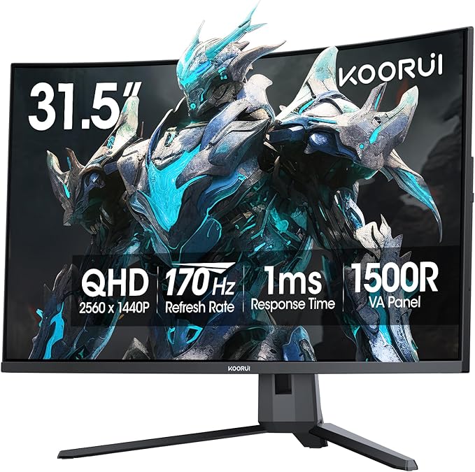 KOORUI 32 inch Curved Gaming Monitor QHD (2560 x 1440) 2K 170Hz 144Hz Monitor 1ms 1500R Display 90% DCI-P3 Adaptive Sync Tilt Adjustable VESA Compatible DisplayPort HDMI Black