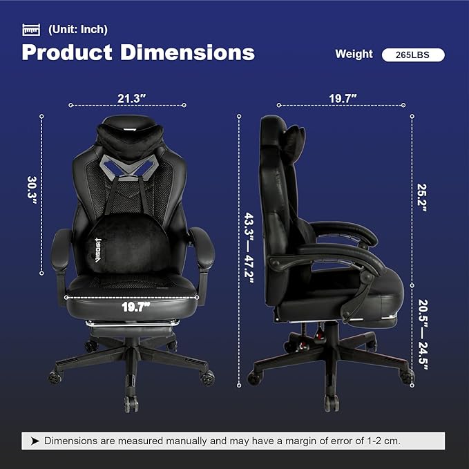 Gaming Chair PRO Ergonomic Gaming Chairs for Adults Heavy People Massage Reclining Office Desk Computer Chair with Footrest and Lumbar Support Big Tall Mesh Gamer Chair with Cushion (Black)