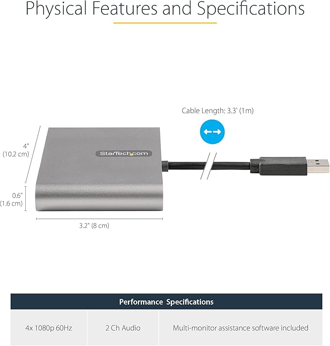 StarTech USB 3.0 to Quad HDMI Adapter USB Type-A to 4 HDMI Monitor Converter External Video Graphics Card 4x 1080p 60Hz Windows Only TAA Laptops and Desktops Bus Powered 1m Cable