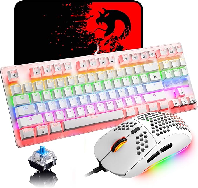 LexonElec K2 Mechanical Gaming KeyboardBlue Switch Mini 82 Keys Wired Rainbow LED Backlit KeyboardLightweight Gaming Mouse DPI Honeycomb Optical for MAC PC Gamers(White)