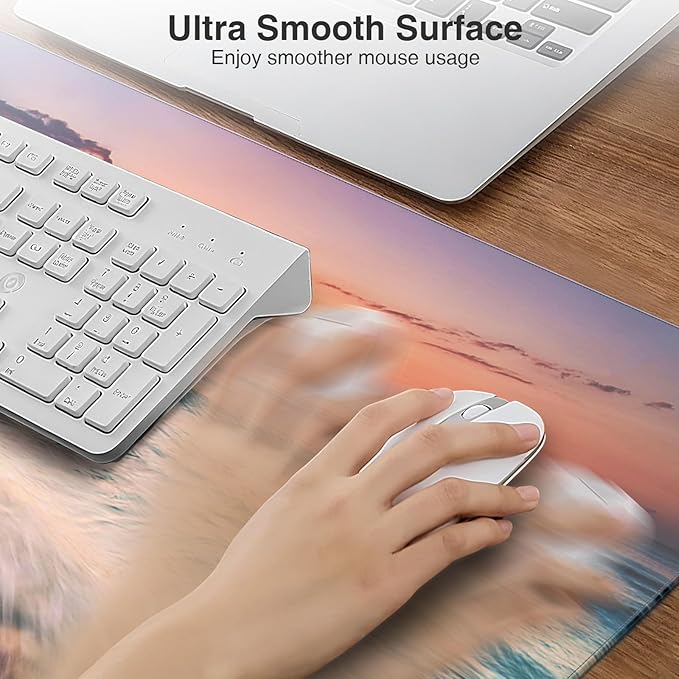 Wireless Charging Mouse Pad 31.5x15.8 Large Gaming Desk Mat for Keyboard/Laptop Waterproof Ultra-Smooth Surface Non-Slip Base with 20W PD Adapter Beach Sunset