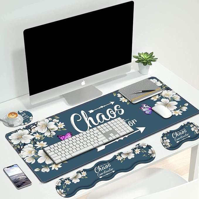 4 in 1 Ergonomic Keyboard Wrist Rest &amp Mouse Pad Wrist Rest Set Large XXL Gaming Desk Mat 31.5x 11.8 with Non-Slip Base Memory Foam for Home Office Study Gaming Floral Quote Chaos Coordinator