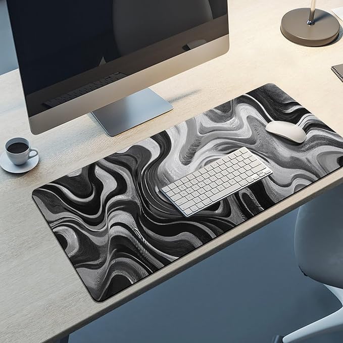 Abstract Art White Gray Gaming Mouse Pad Non-Slip Rubber Base 3XL Mousepad with Stitched EdgesWaterproof Washable Mouse Mat for Desk Home Office Gaming 35.5x16
