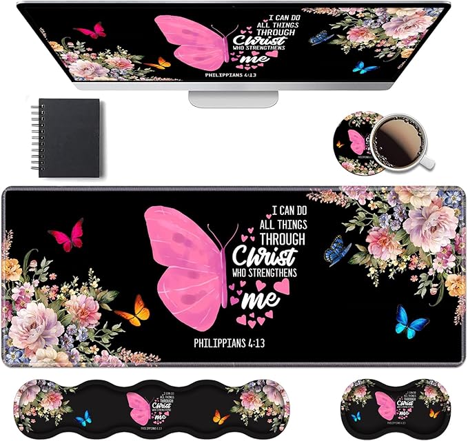 Ergonomic Keyboard Wrist Rest &amp Mouse Pad Wrist Rest Set 31.5x 11.8 Large XXL Gaming Desk Pad Memory Foam Non-Slip Desk Mat for Office &amp Home Floral Butterfly Quote Bible Verse Philippians