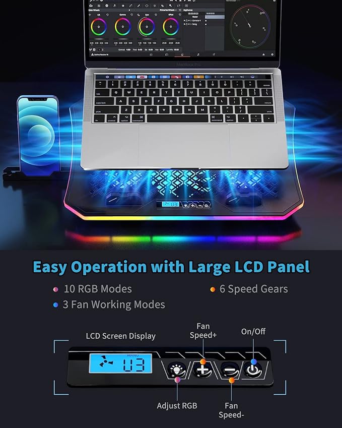 KeiBn Upgarde Laptop Cooling Pad RGB Lights Laptop Cooler 6 Fans for 15.6-17.3 Inch Laptops 7 Height Stands 10 Modes Light 2 USB Ports Desk or Lap Use (A8Blue)