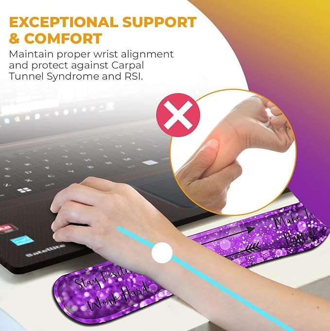 Mouse Pad with Wrist Support Ergonomic Gel Mousepad Memory Foam Keyboard Wrist Rest Suitable for Office TypingGames Desktop Decoration Stay Positive Work Hard and Purple Glitter Graphic for Women