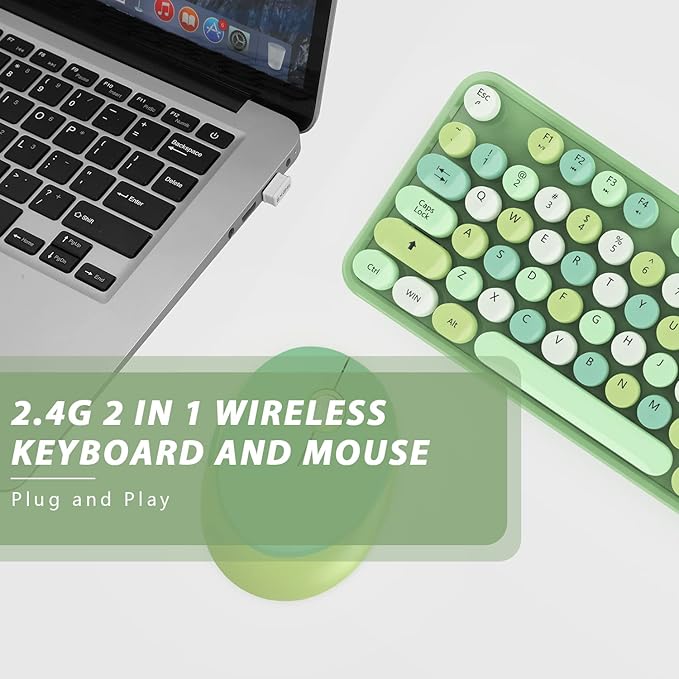 Green Wireless Keyboard and Mouse KOOTOP Cute Green Colorful Keyboard and Mouse 2.4G Wireless Keyboard with Retro Round Keycap for PC Mac LaptopTabletComputer Windows (Green)