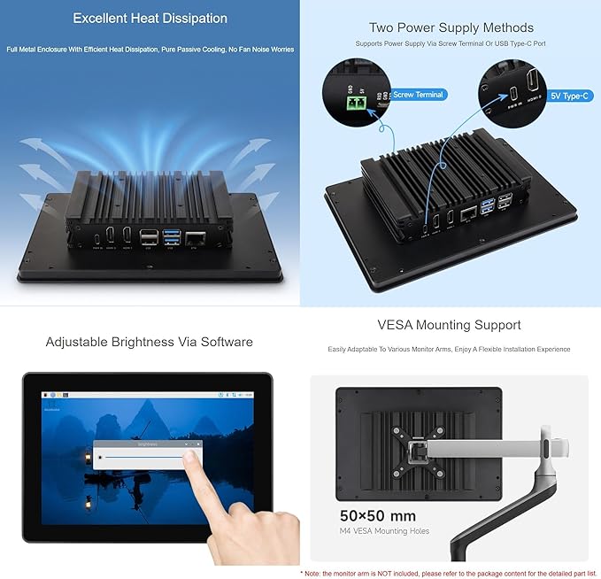10.1inch 1280×800 Industrial HMI All-in-one Touch Display for Raspbery Pi Supports Dual 4K HDMI Output 10-Point Touch Optical Bonding Aluminum Alloy Case Raspbery Pi 4-2GB Included