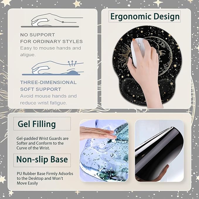 Large Mouse Pad Ergonomic Mouse Pad with Wrist Rest and Keyboard Wrist Rest 4 in 1 Set 31.5 x11.8 inch Extended Desk Pad for Home Office Funy Sun Moon Star Black Pattern XXL Black Gaming Mouse Mat