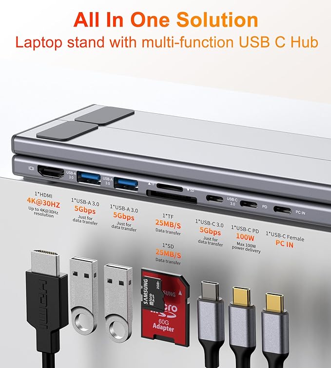USB C Laptop Docking Station Stand Dock Tablet Stand 8 in 1 USB C Hub with 4K HDMI 2 USB 3.0 PD 100W Universal Dock Station for MacBook Pro/Air/Dell/HP/Surface/Lenovo Plug and Play