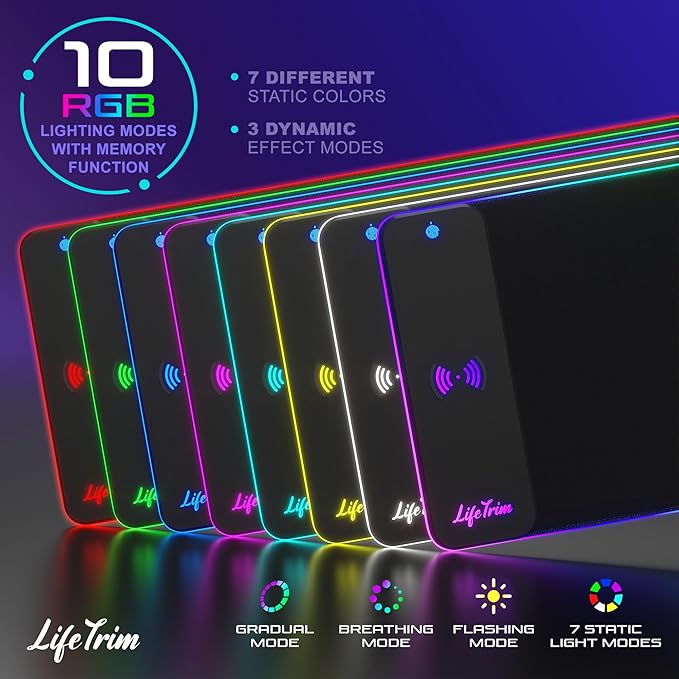Wireless Charger LED Mousepad 35.5 x 12 Inch RGB Gaming Mouse Pad 10 Light Modes 4mm Thick Large Desk Pad Wireless Charging Cool Mouse Pad for PC Accessories &amp Gaming Gifts